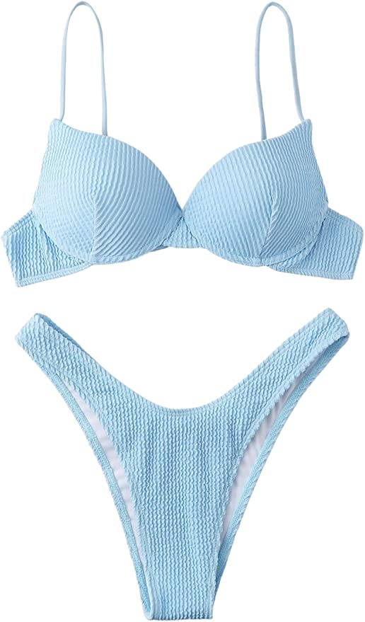 Lightblue swimsuit with push-up bra detachable straps