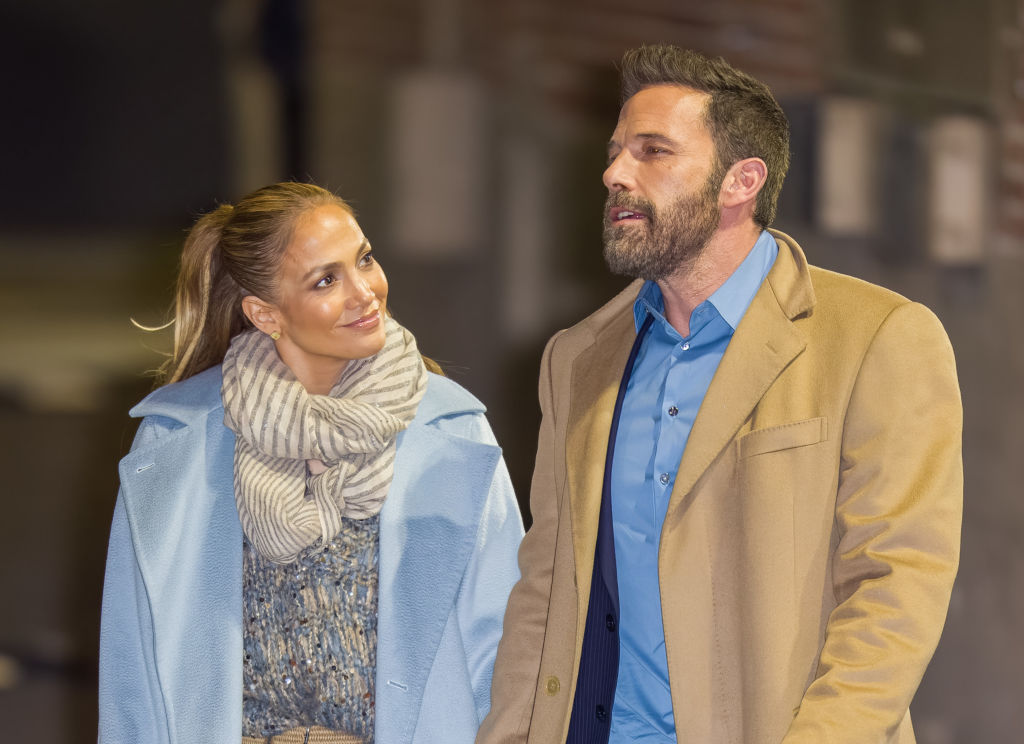 Jennifer Lopez and Ben Affleck are seen at "Jimmy Kimmel Live" on December 15, 2021 in Los Angeles, California. 