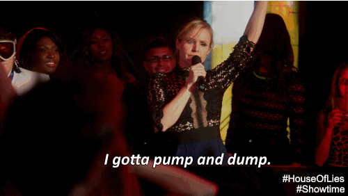 Kristen Bell saying "I gotta pump and dump" into a microphone