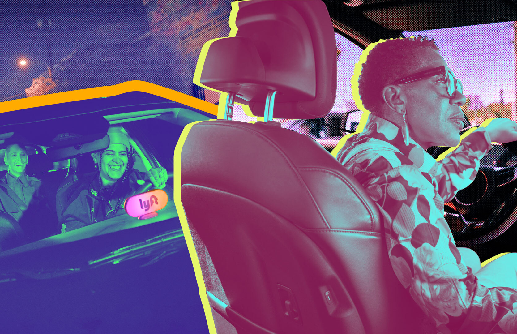 A designed image of a female and a non-binary Lyft driver in their respective cars.