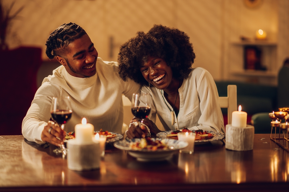 Portrait,Of,A,Cheerful,Happy,African,American,Couple,Drinking,Wine
