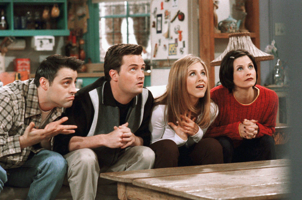 FRIENDS -- "The One With The Embryos" -- Episode 12 -- Aired 1/15/1998 -- Pictured: (l-r) Matt Le Blanc as Joey Tribbiani, Matthew Perry as Chandler Bing, Jennifer Aniston as Rachel Green, Courteney Cox as Monica Geller (Photo by NBCU Photo Bank/NBCUniversal via Getty Images via Getty Images)