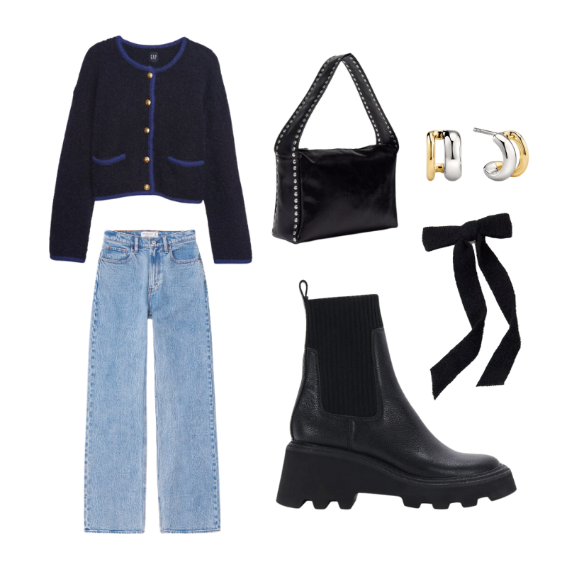 A collage of an outfit to wear to a pumpkin patch that includes a button-down sweater, flared blue jeans, lug sole boots, a black ribbon, gold earrings and a black shoulder bag. 