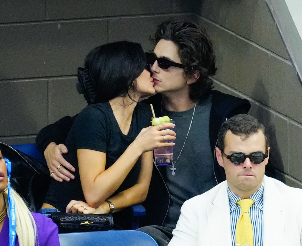 NEW YORK, NEW YORK - SEPTEMBER 10: Kylie Jenner and Timothée Chalamet are seen at the Final game with Novak Djokovic vs. Daniil Medvedev at the 2023 US Open Tennis Championships on September 10, 2023 in New York City. (Photo by Gotham/GC Images)