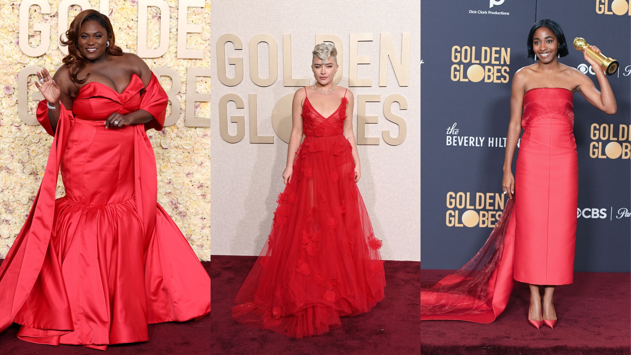 Danielle Brooks, Florence Pugh, and Ayo Edebiri wearing red dresses at the 2024 Golden Globes