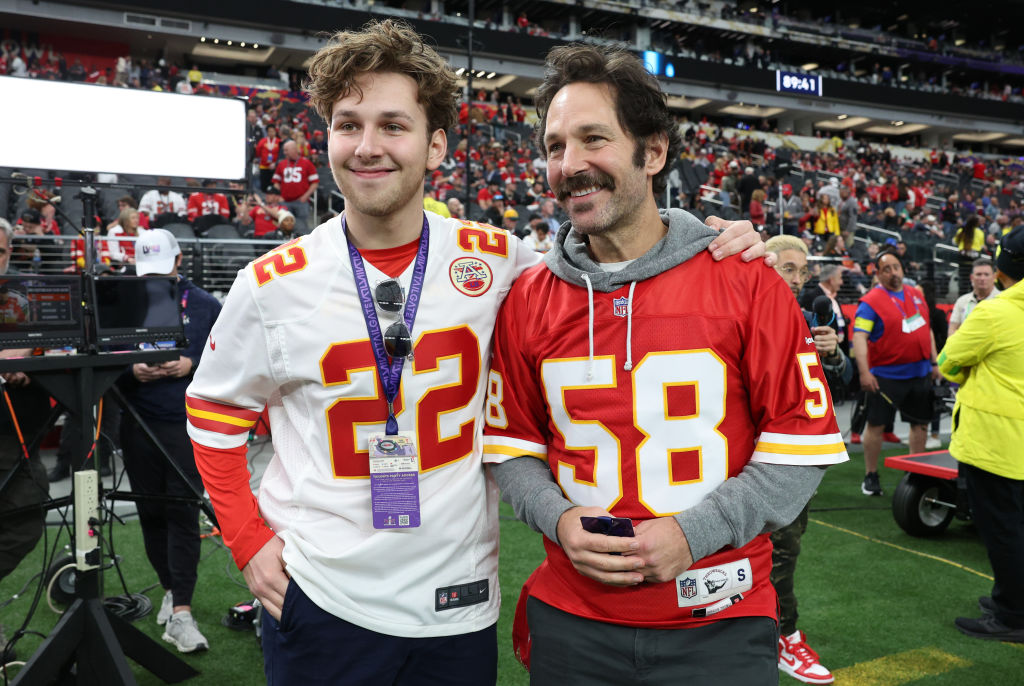 LAS VEGAS, NEVADA - FEBRUARY 11: Jack Rudd (L) and Paul Rudd attend Super Bowl LVIII between the Kansas City Chiefs and the San Francisco 49ers at Allegiant Stadium on February 11, 2024 in Las Vegas, Nevada. (Photo by Jamie Squire/Getty Images)