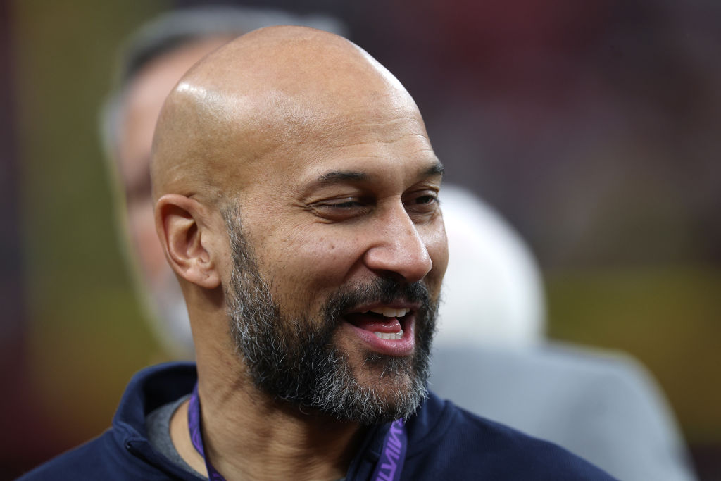 LAS VEGAS, NEVADA - FEBRUARY 11: Actor Keegan-Michael Key looks on prior to Super Bowl LVIII between the San Francisco 49ers and the Kansas City Chiefs at Allegiant Stadium on February 11, 2024 in Las Vegas, Nevada. (Photo by Jamie Squire/Getty Images)