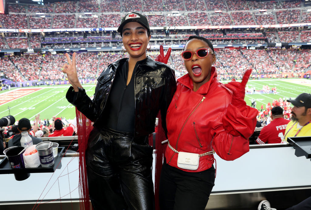 LAS VEGAS, NEVADA - FEBRUARY 11: (L-R) Aitana Rinab Perez and Janelle Monáe attend the Super Bowl LVIII Pregame at Allegiant Stadium on February 11, 2024 in Las Vegas, Nevada. (Photo by Kevin Mazur/Getty Images for Roc Nation)