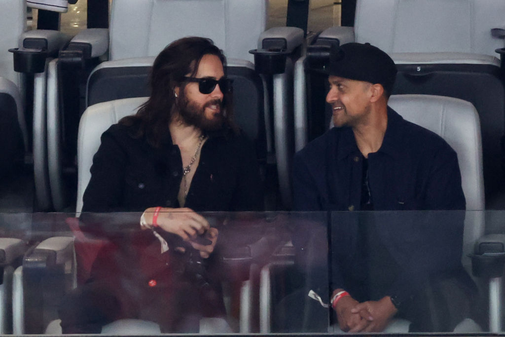 LAS VEGAS, NEVADA - FEBRUARY 11: Jared Leto attends Super Bowl LVIII between the Kansas City Chiefs and the San Francisco 49ers at Allegiant Stadium on February 11, 2024 in Las Vegas, Nevada. (Photo by Rob Carr/Getty Images)