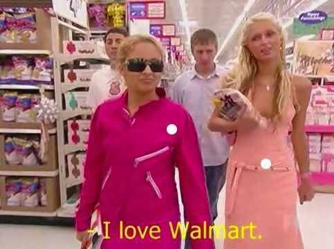 A meme of Paris Hilton shopping in Walmart saying, "I Love Walmart"