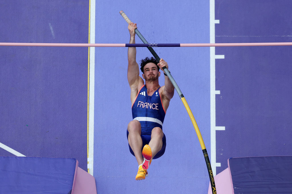 Anthony Ammirati of Team France competes during during the Men's Pole Vault Qualification on day eight of the Olympic Games Paris 2024 at Stade de France on August 03, 2024 in Paris, France. (Photo by Richard Heathcote/Getty Images)