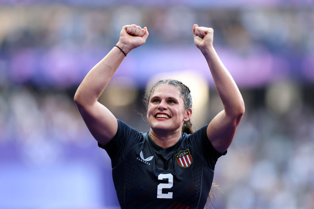 PARIS, FRANCE - JULY 30: Ilona Maher #2 of Team United States celebrates following victory during the Women's Rugby Sevens Bronze medal match between Team United States and Team Australia on day four of the Olympic Games Paris 2024 at Stade de France on July 30, 2024 in Paris, France. (Photo by Cameron Spencer/Getty Images)