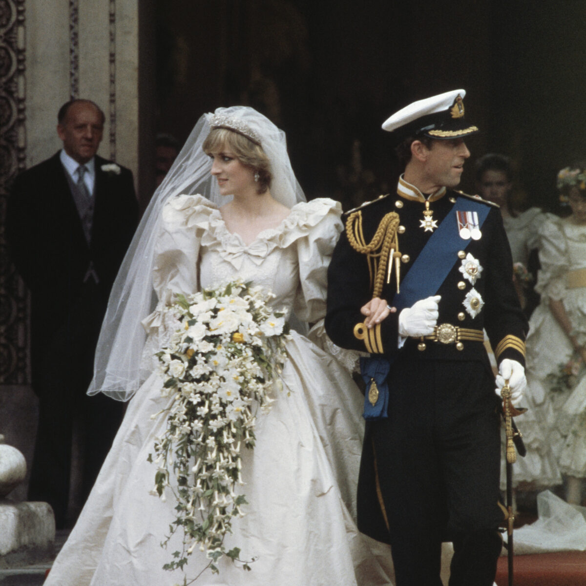 The wedding of Prince Charles and Lady Diana Spencer at St Paul's Cathedral in London, 29th July 1981. The couple leave the cathedral after the ceremony. (Photo by Fox Photos/Hulton Archive/Getty Images)