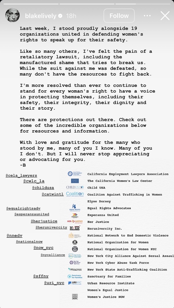 Blake Lively Instagram Story Response