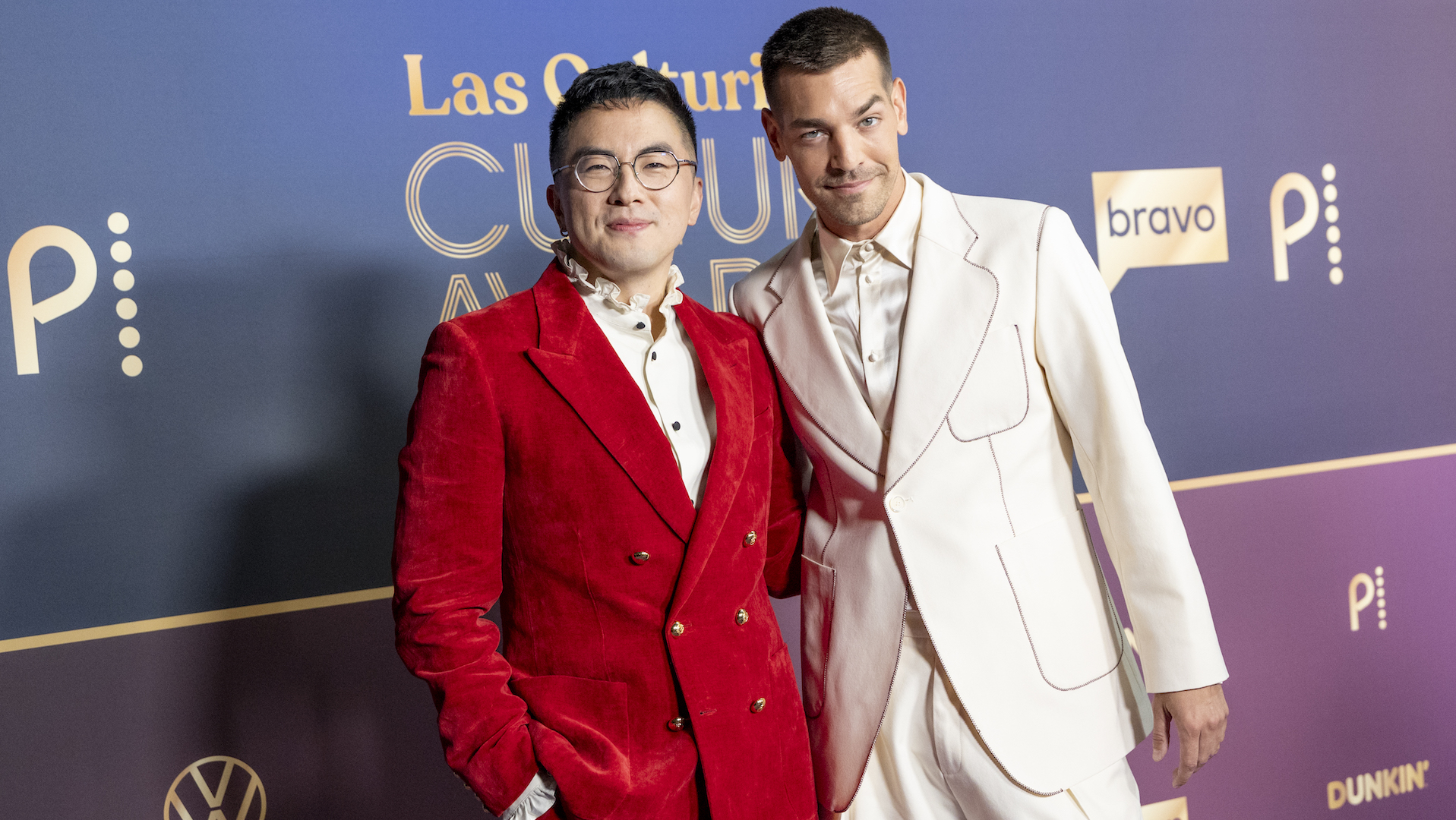 LOS ANGELES, CALIFORNIA - JULY 17: (L-R) Bowen Yang and Matt Rogers arrive at the Las Culturistas Culture Awards at The Orpheum Theatre on July 17, 2025 in Los Angeles, California. (Photo by Emma McIntyre/WireImage)